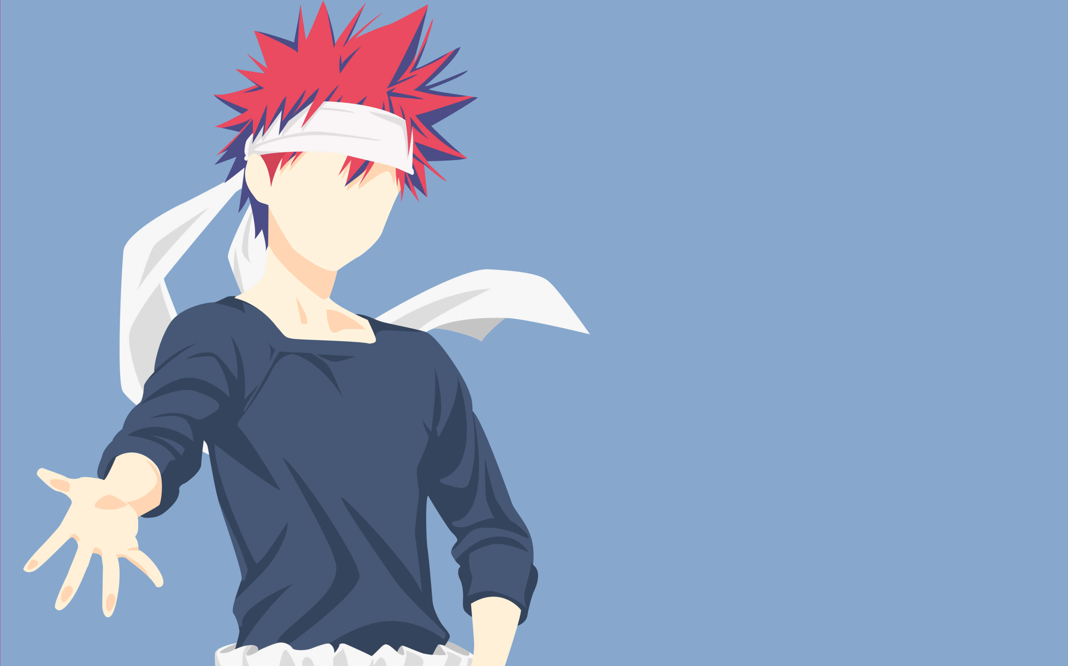 Anime Minimalist 桌布 壁紙 — 動漫角色，紅色刺蝟頭，白色頭帶，在純藍色背景前伸出手。