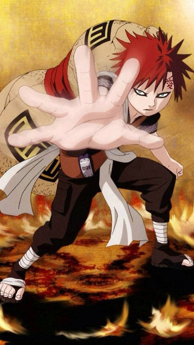 Gaara iPhone 桌布 壁紙 — 動漫角色，紅色尖刺頭髮，表情兇猛，以火焰姿態站立，手向前伸出，背景金色。