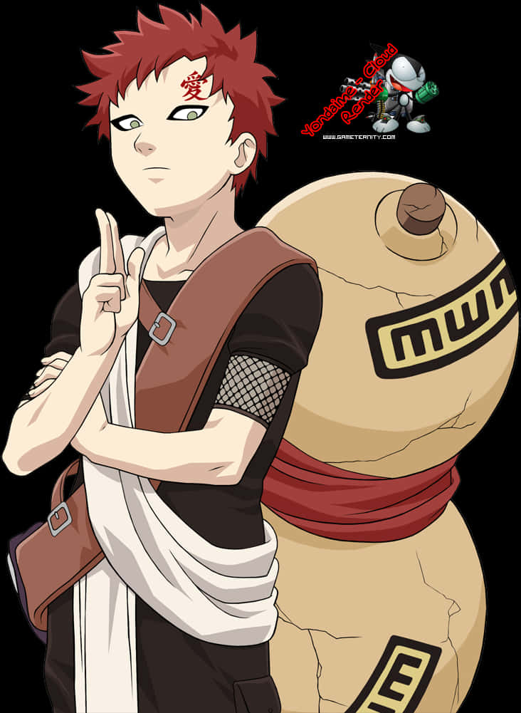 Gaara Naruto Anime 桌布 壁紙 — 動漫角色，紅色尖刺頭髮，額頭有封印，自信地站在一個大的棕褐色卷軸袋旁邊，背景為黑色。