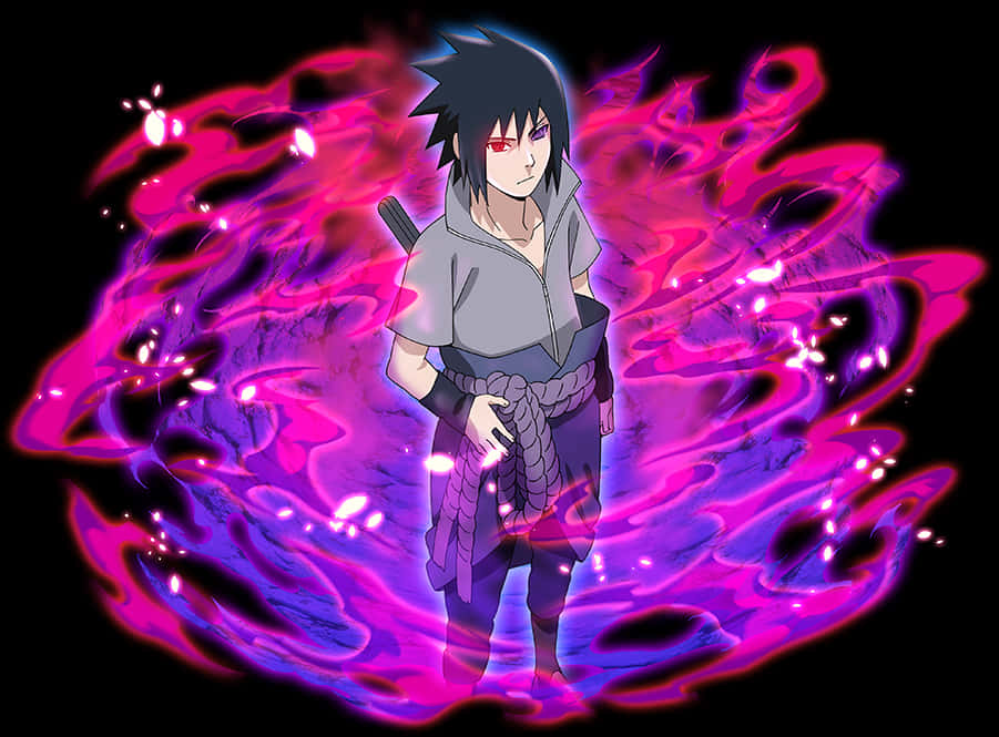 Rinnegan 桌布 壁紙 — 動漫角色，紅色眼睛，黑色刺蝟頭，站在黑色背景上，被旋轉的粉紅色和紫色查克拉火焰包圍。