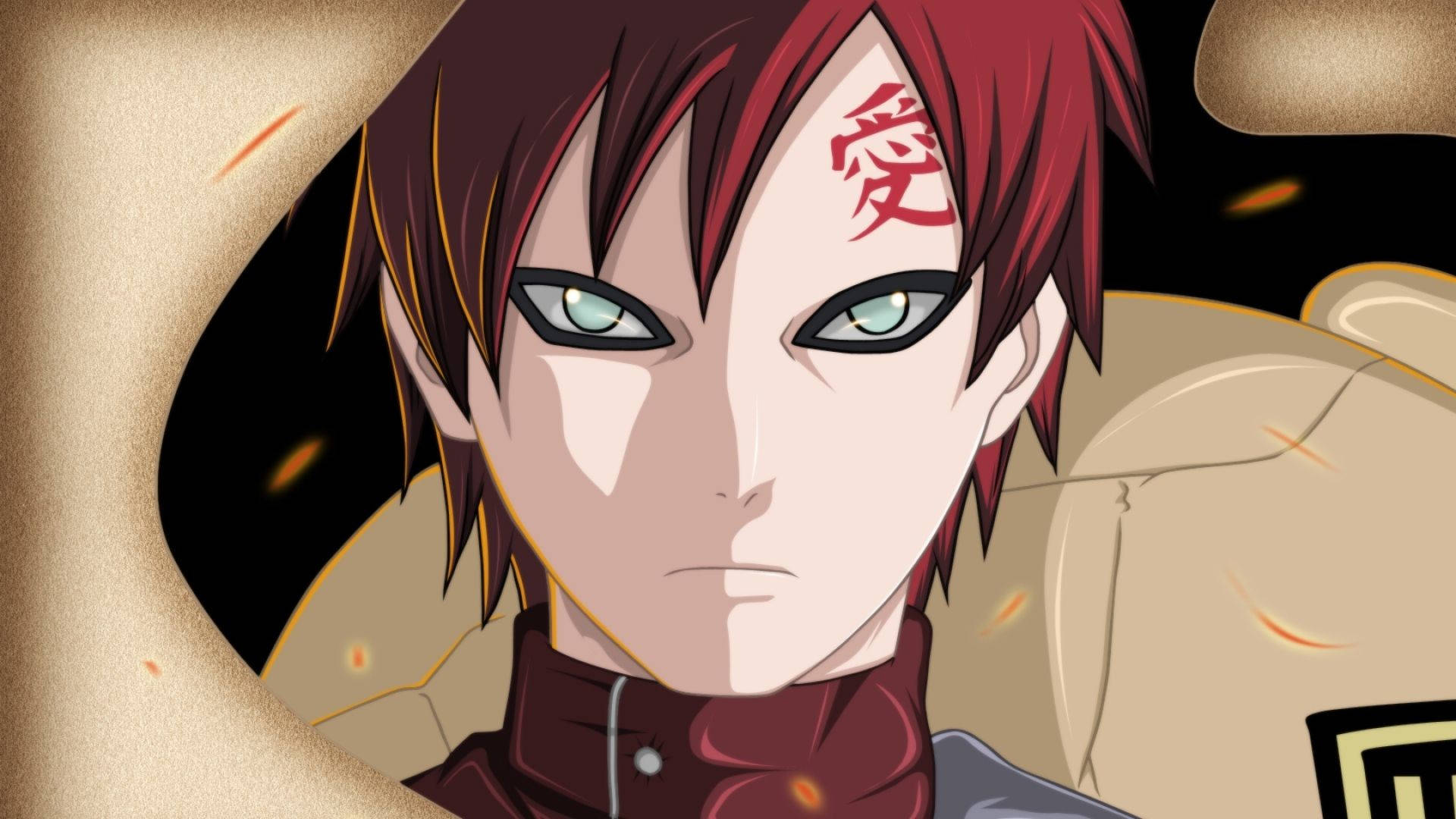 Gaara 桌布 壁紙 — 動漫角色，紅髮，額頭上有漢字刺青，在火熱背景下凝視。
