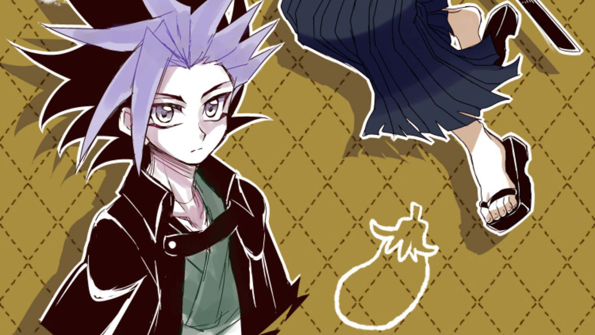Yu-gi-oh Yuto 桌布 壁紙 — 動漫角色，紫色尖刺頭髮，身穿深色外套，站在金色菱形圖案背景前，有一條漂浮的腿和風格化的茄子。