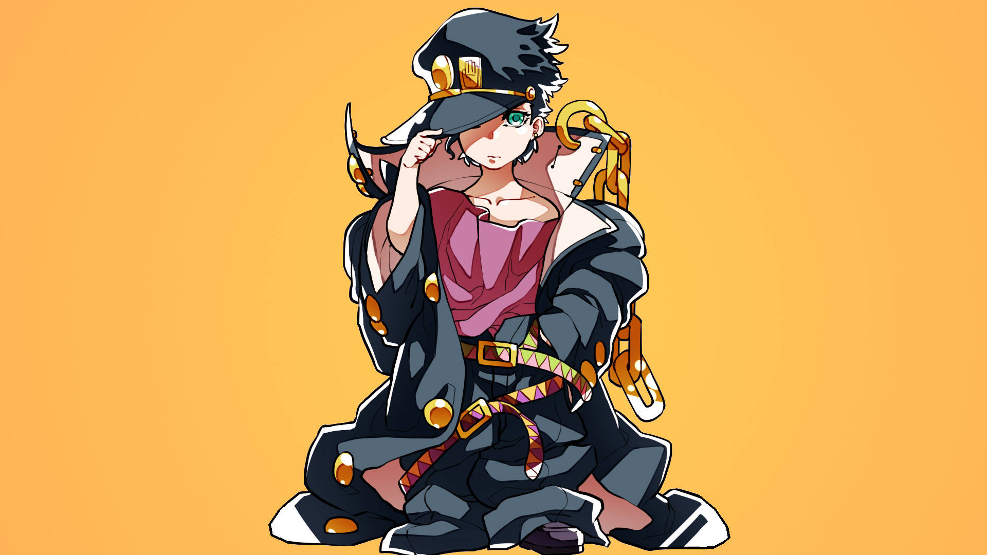 Giorno 桌布 壁紙 — 動漫角色，綠色眼睛，戴黑色帽子，盤腿坐在純橙色背景前。