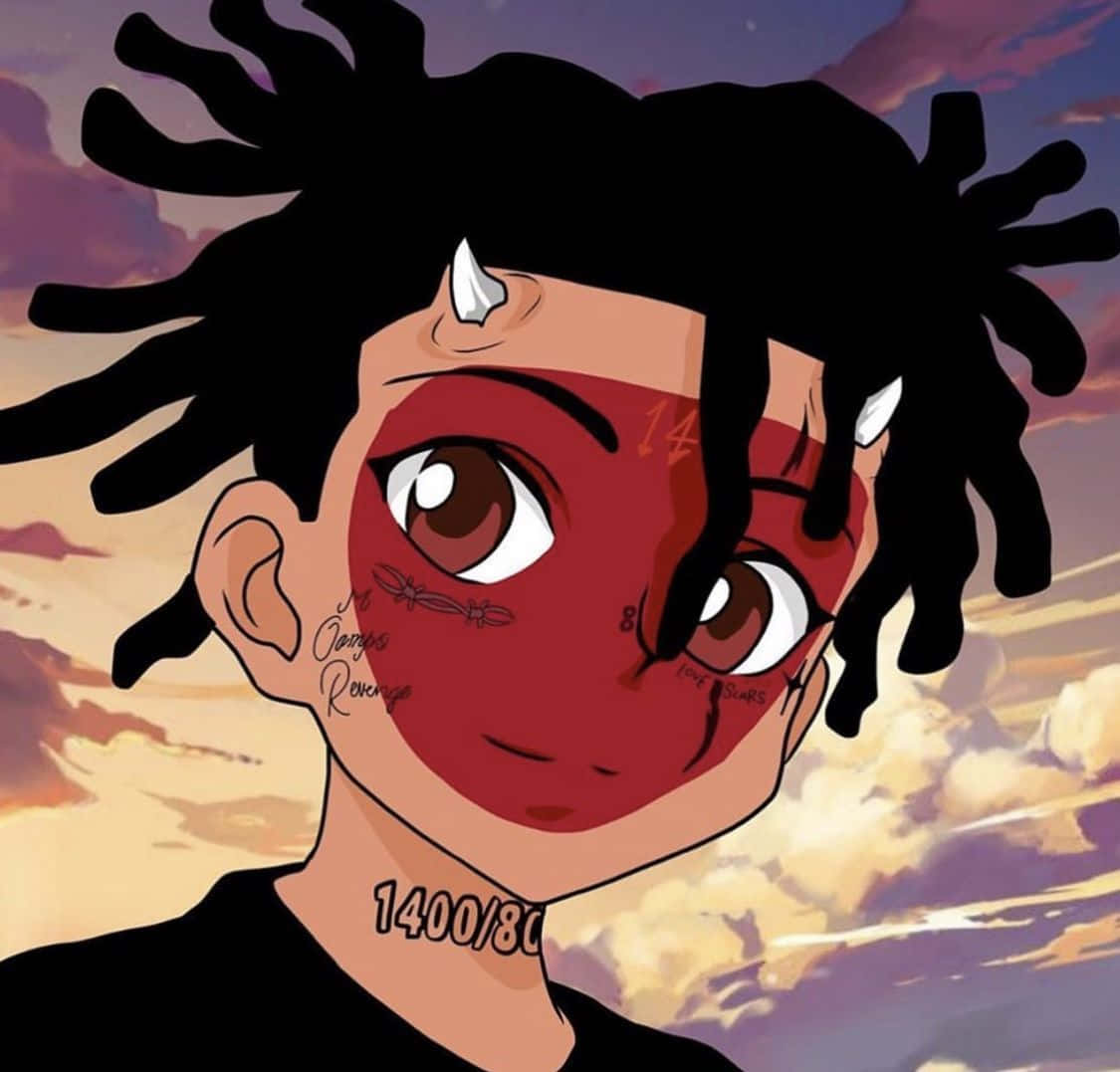 Anime Rapper 桌布 壁紙 — 動漫角色，臉上帶有紅色紋身和角，背景是日落天空。