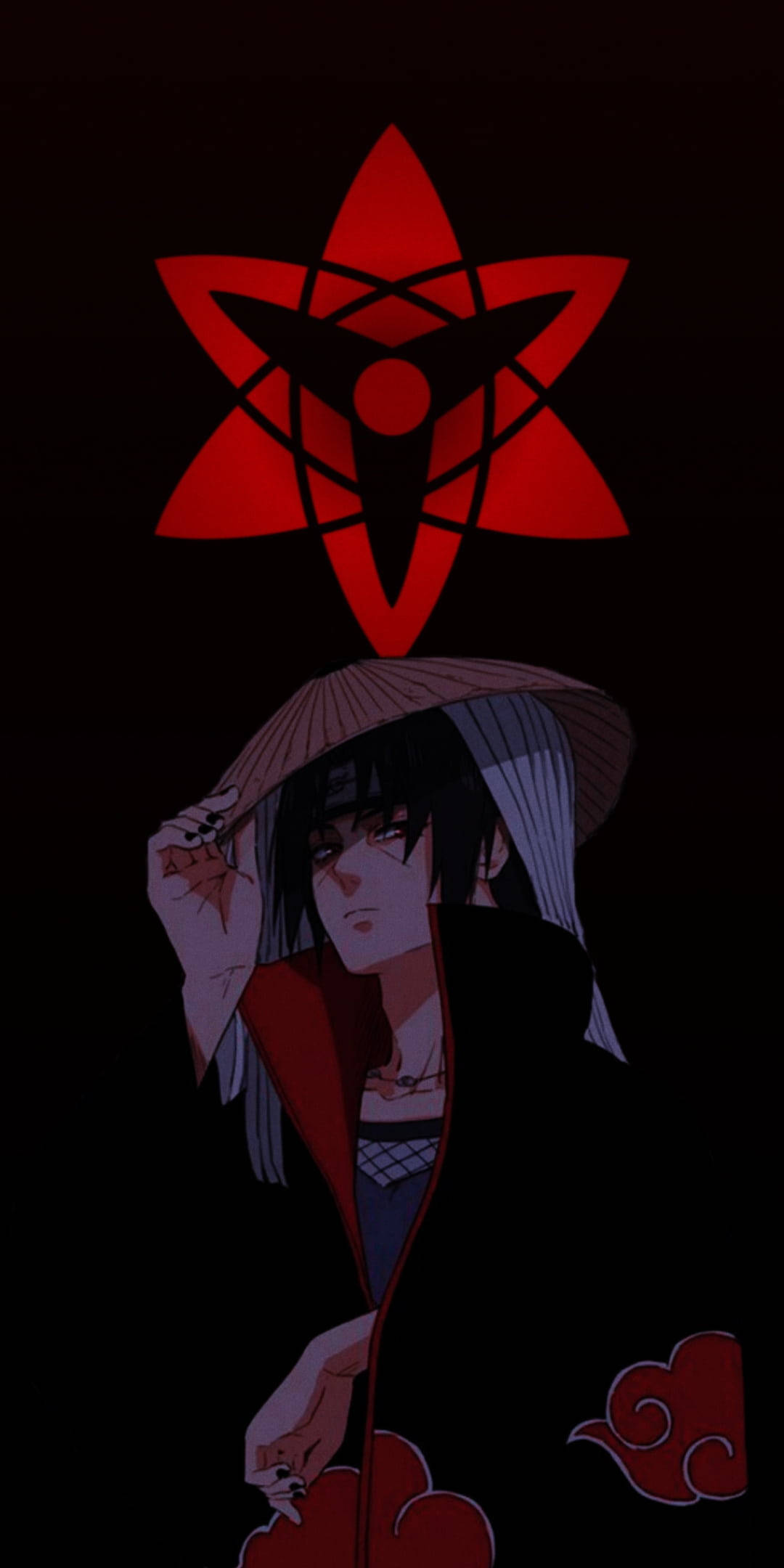 akatsuki itachi 桌布 壁紙 — 動漫角色，蒼白頭髮，身穿紅雲斗篷，站在黑暗背景中發光的紅色寫輪眼符號下。