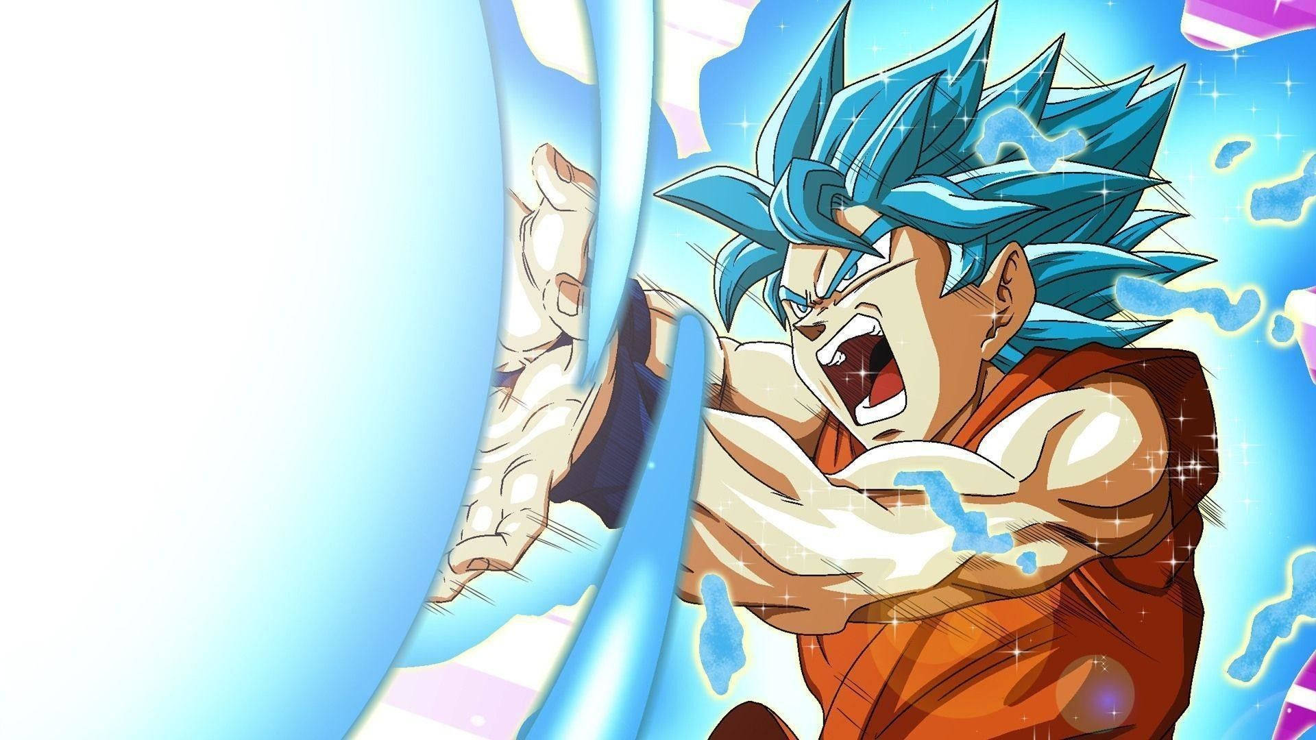 kaioken 桌布 壁紙 — 動漫角色，藍色尖刺頭髮，橙色道服，在明亮的藍色背景下，帶著發光的能量光環向前出拳。