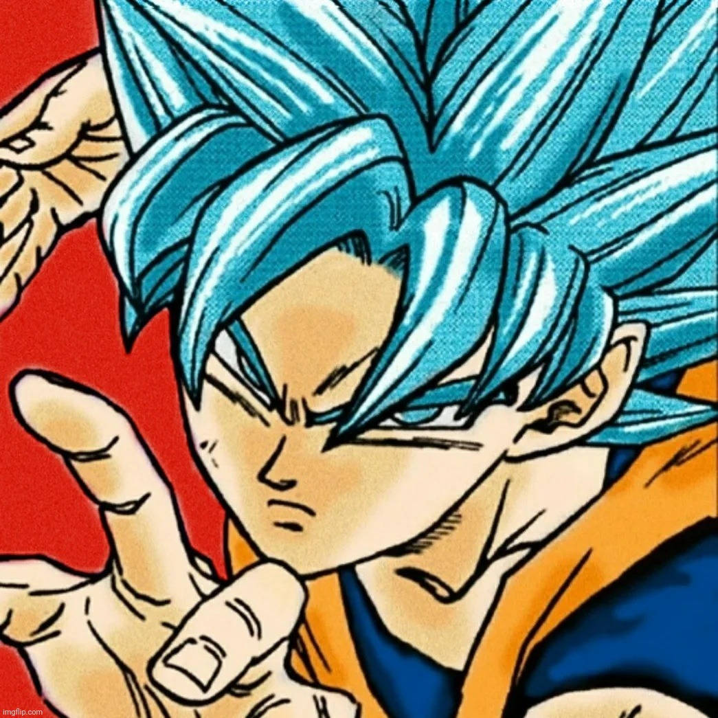 動漫男孩 桌布 壁紙 — 動漫角色，藍色尖刺頭髮，眼神銳利，在鮮紅色背景前做手勢。