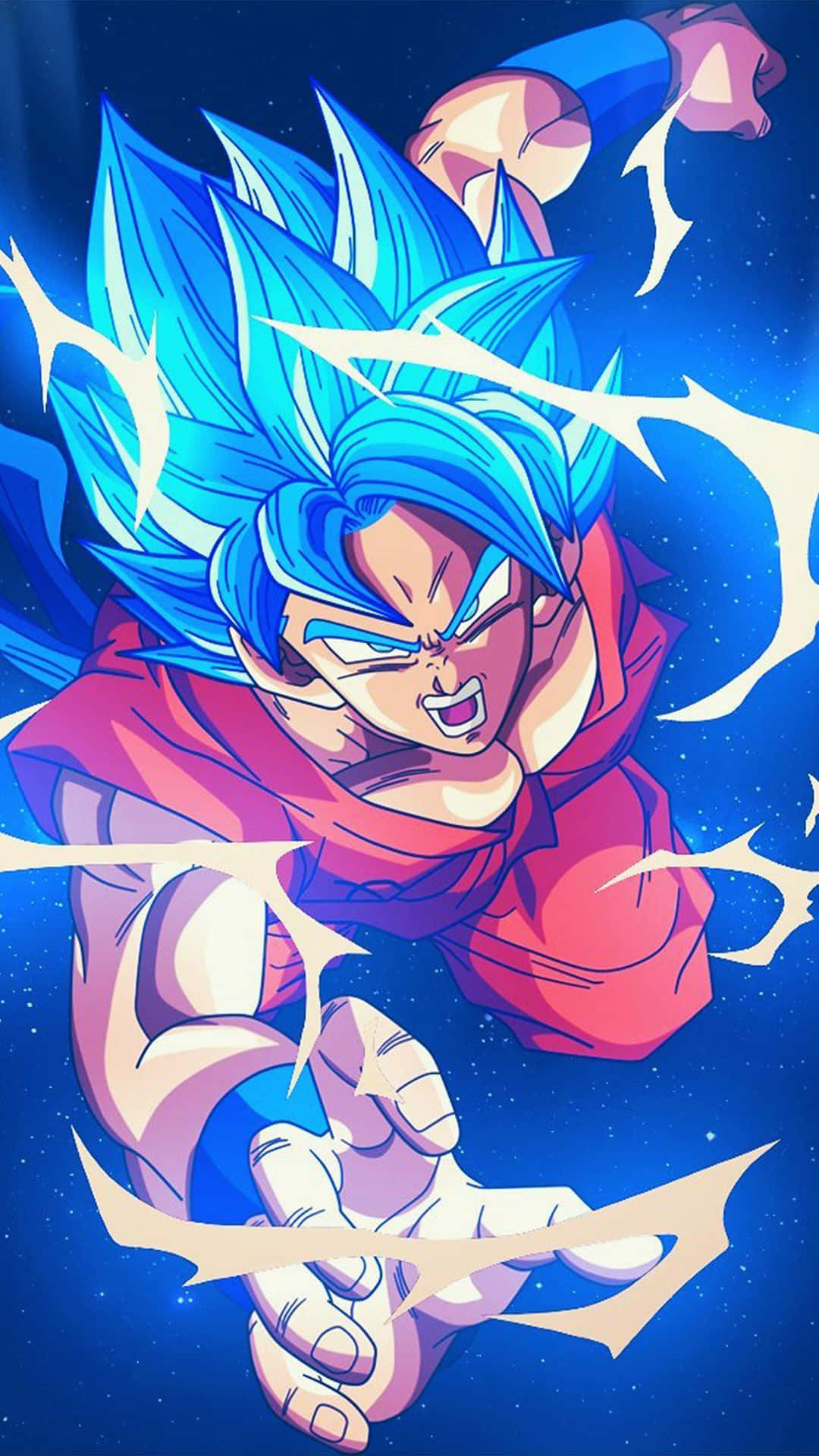 Dragon Ball iPhone 桌布 壁紙 — 動漫角色，藍色尖刺頭髮，紅色道服，在星空宇宙背景下向前出拳。