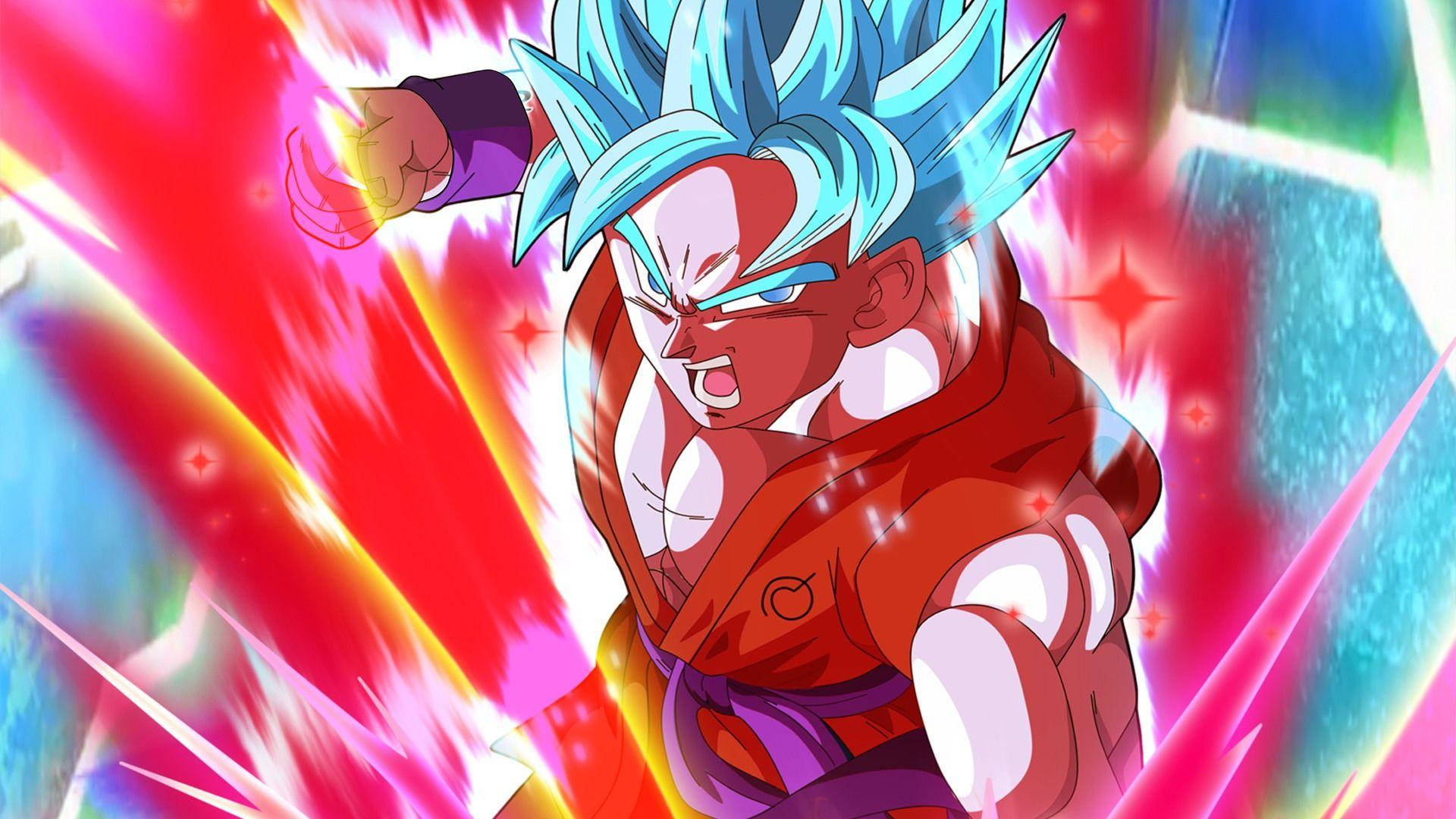kaioken 桌布 壁紙 — 動漫角色，藍色尖刺頭髮和紅色光環力量，以動態戰鬥姿勢對抗色彩繽紛的能量爆發。