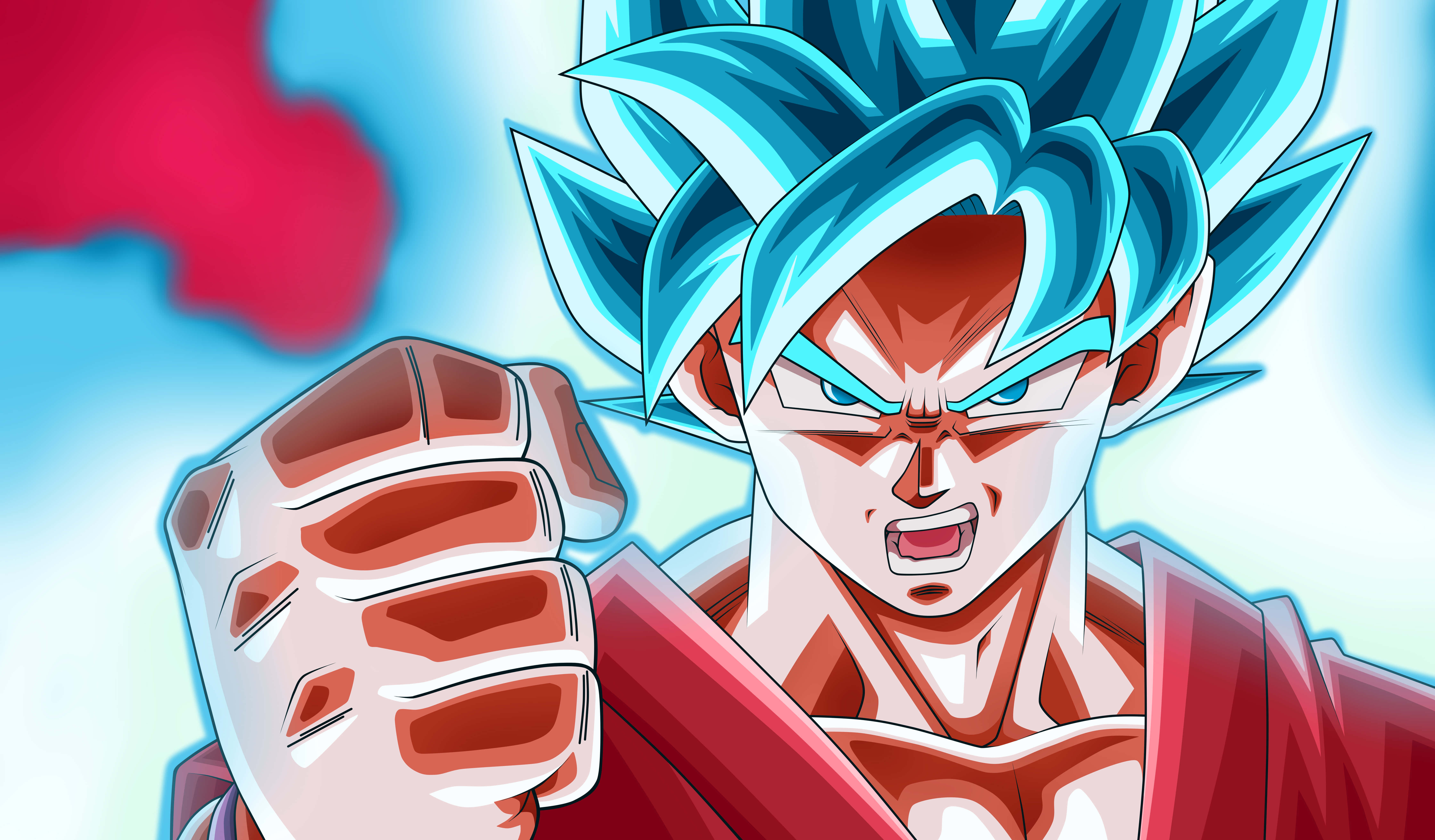 Goku Kaioken 桌布 壁紙 — 動漫角色，藍色尖髮，身穿紅色道服，在紅雲明亮的天空下握緊拳頭。