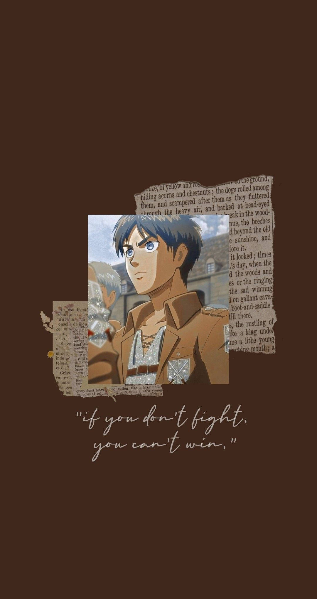 Eren 桌布 壁紙 — 動漫角色，藍色眼睛，棕色制服，被撕破的新聞文字框住，背景為深棕色。