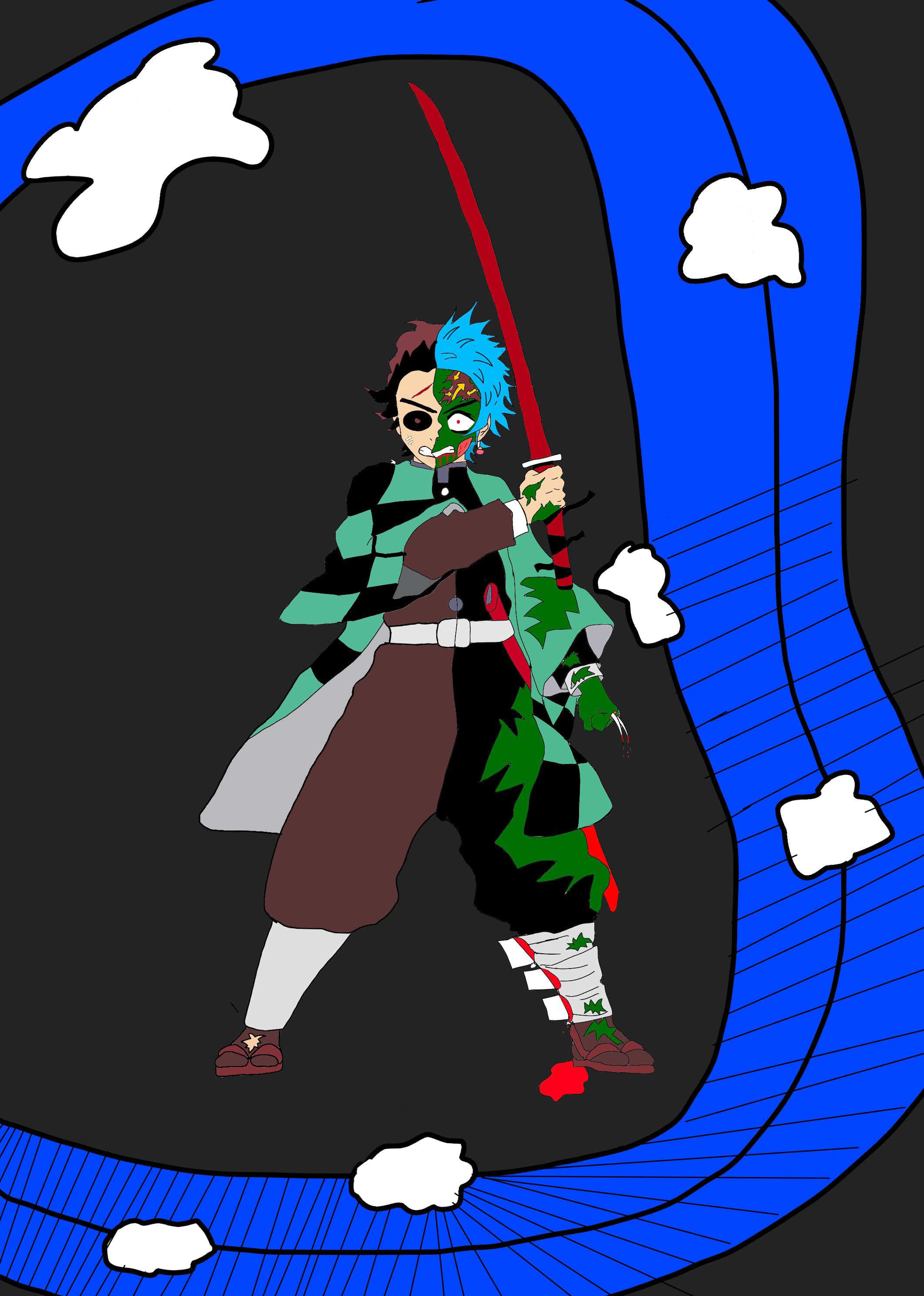 Demon Slayer Half-demon 桌布 壁紙 — 動漫角色，藍色頭髮和綠色臉部彩繪，在帶有藍色彎曲邊框和白色雲朵的黑暗天空中揮舞著一把紅色劍。