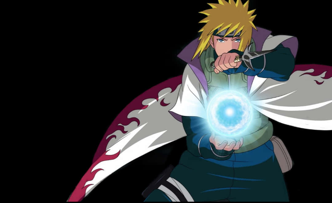 minato namikaze 桌布 壁紙 — 動漫角色，金色刺蝟頭，在黑色背景下引導發光的藍色能量球。