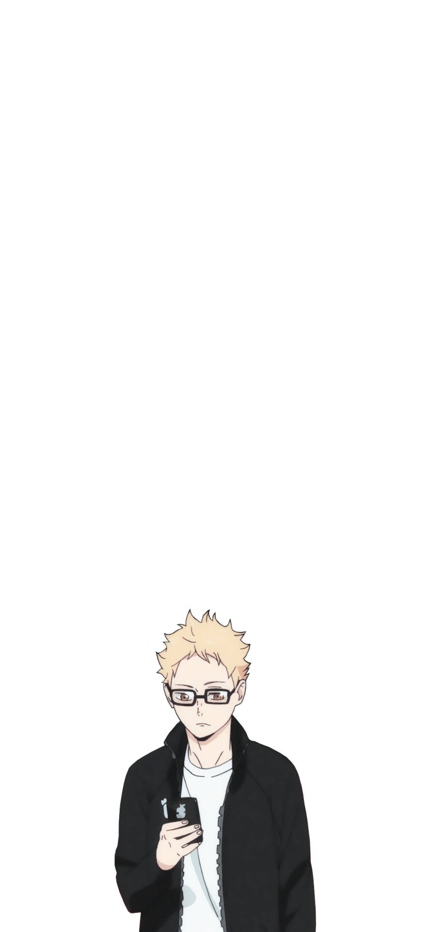 kei tsukishima 桌布 壁紙 — 動漫角色，金色刺蝟頭，戴眼鏡，在純白背景前拿著手機。