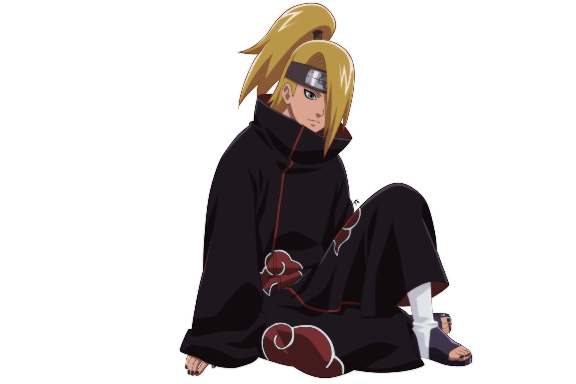 Akatsuki X Deidara 桌布 壁紙 — 動漫角色，金色刺蝟頭，身穿帶有紅色雲朵圖案的黑色斗篷，盤腿坐在純白色背景前。