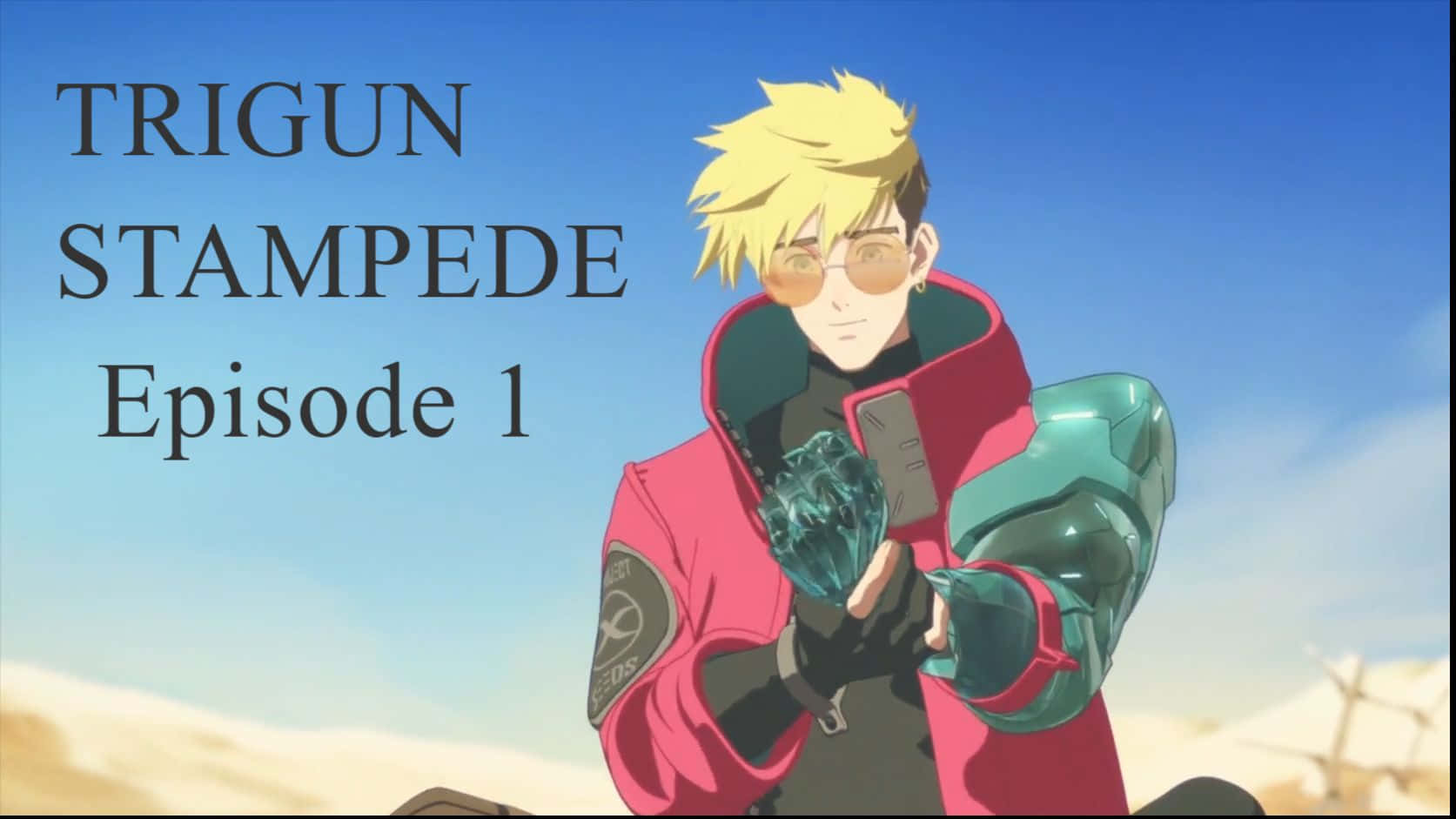 Trigun 桌布 壁紙 — 動漫角色，金色尖刺頭髮，橙色眼鏡，身穿紅色外套，在沙漠中手持發光水晶。