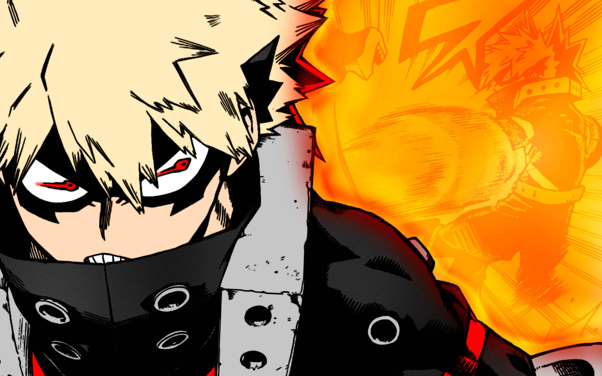 Bakugo 桌布 壁紙 — 動漫角色，金色尖刺頭髮，紅色眼睛，在帶有運動線條的火熱橙色背景上強烈凝視。
