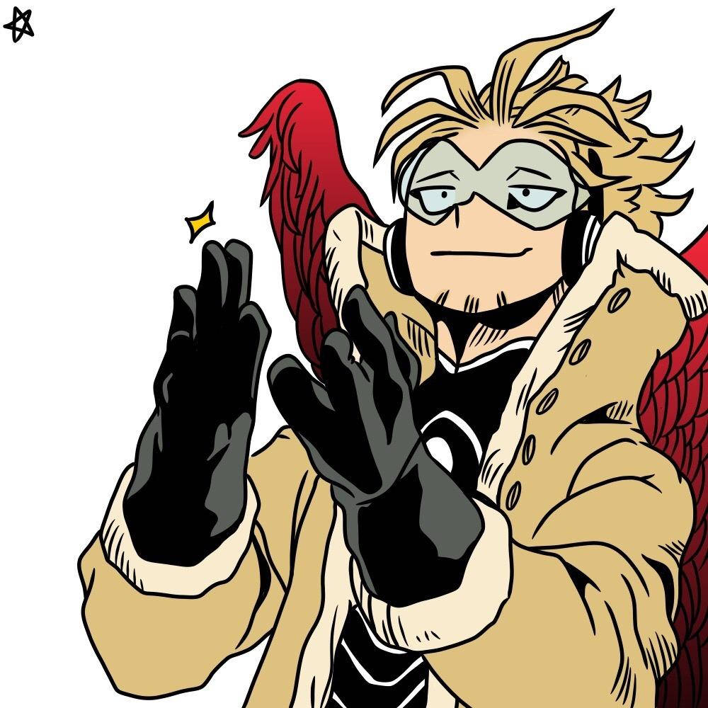Hawks My Hero Academia 桌布 壁紙 — 動漫角色，金色尖刺頭髮、紅色翅膀和黑色手套，在白色背景前拍手。