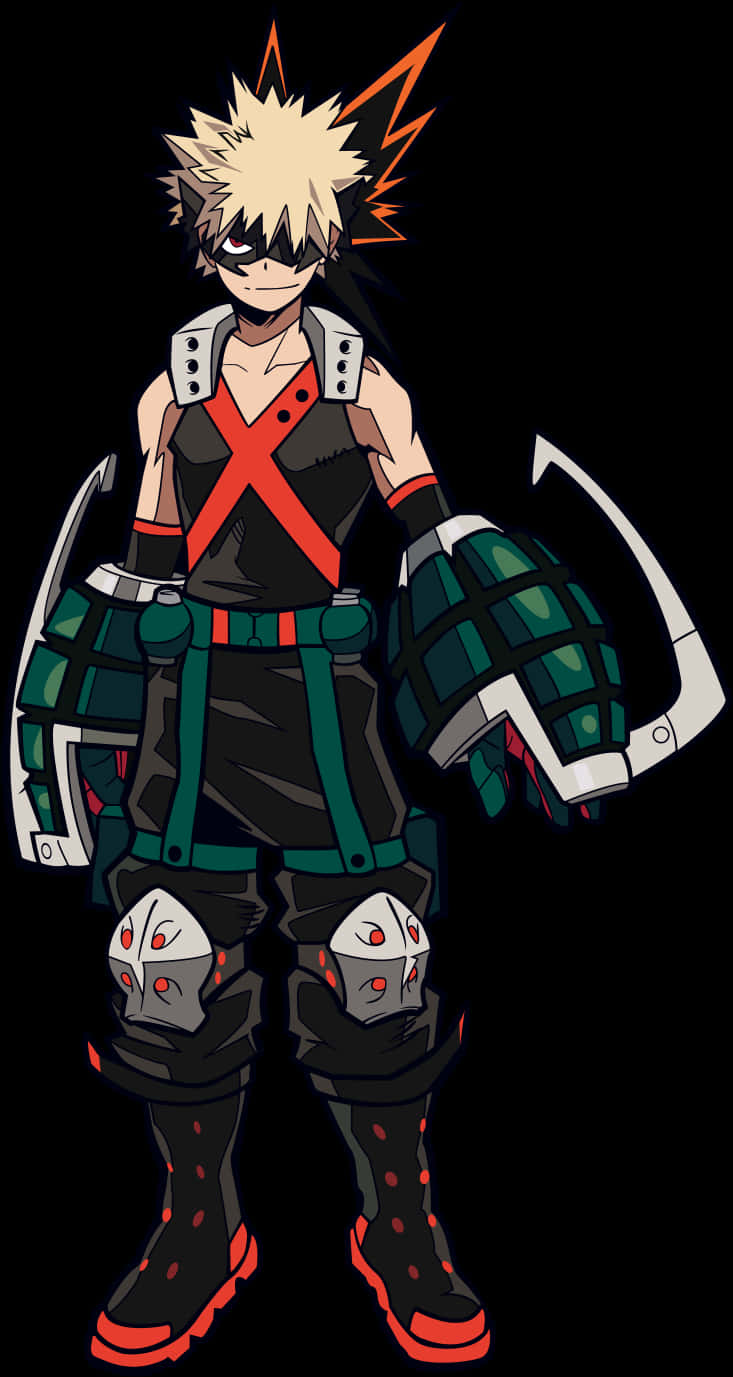 My Hero Academia Anime 桌布 壁紙 — 動漫角色，金色尖刺頭髮，紅色閃電，身穿黑色和綠色戰術裝備，帶紅色點綴，站在黑色背景前。