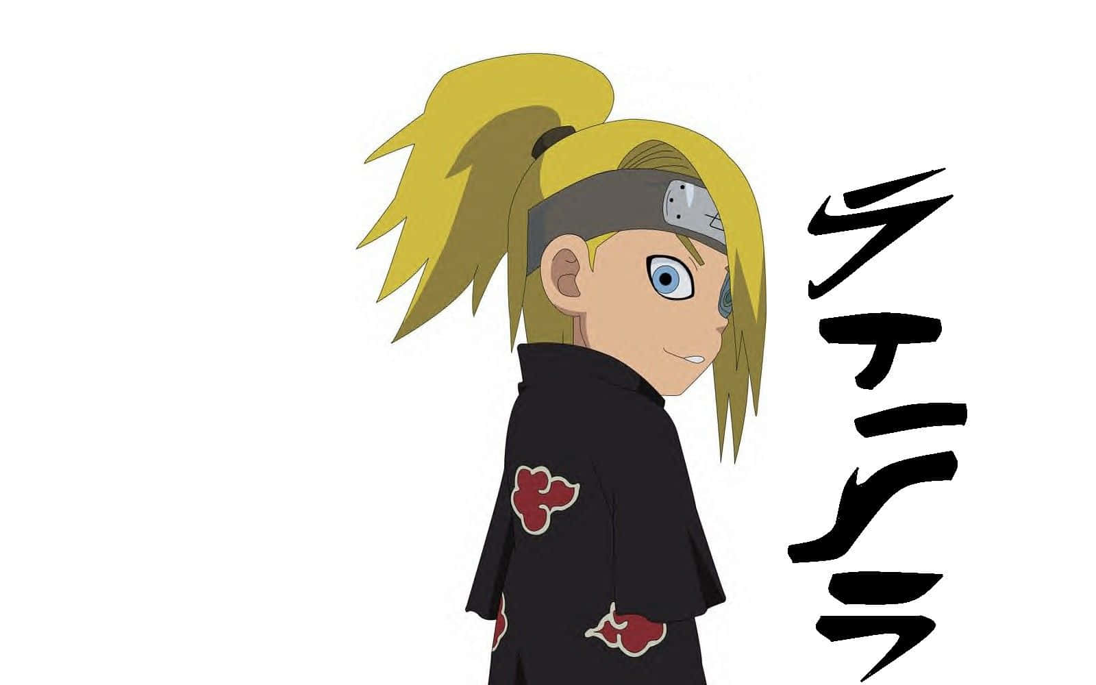 Akatsuki Naruto Shippuden 桌布 壁紙 — 動漫角色，金色尖刺頭髮，紅色雲紋斗篷，在純白背景前微微轉身，露出得意的笑容。