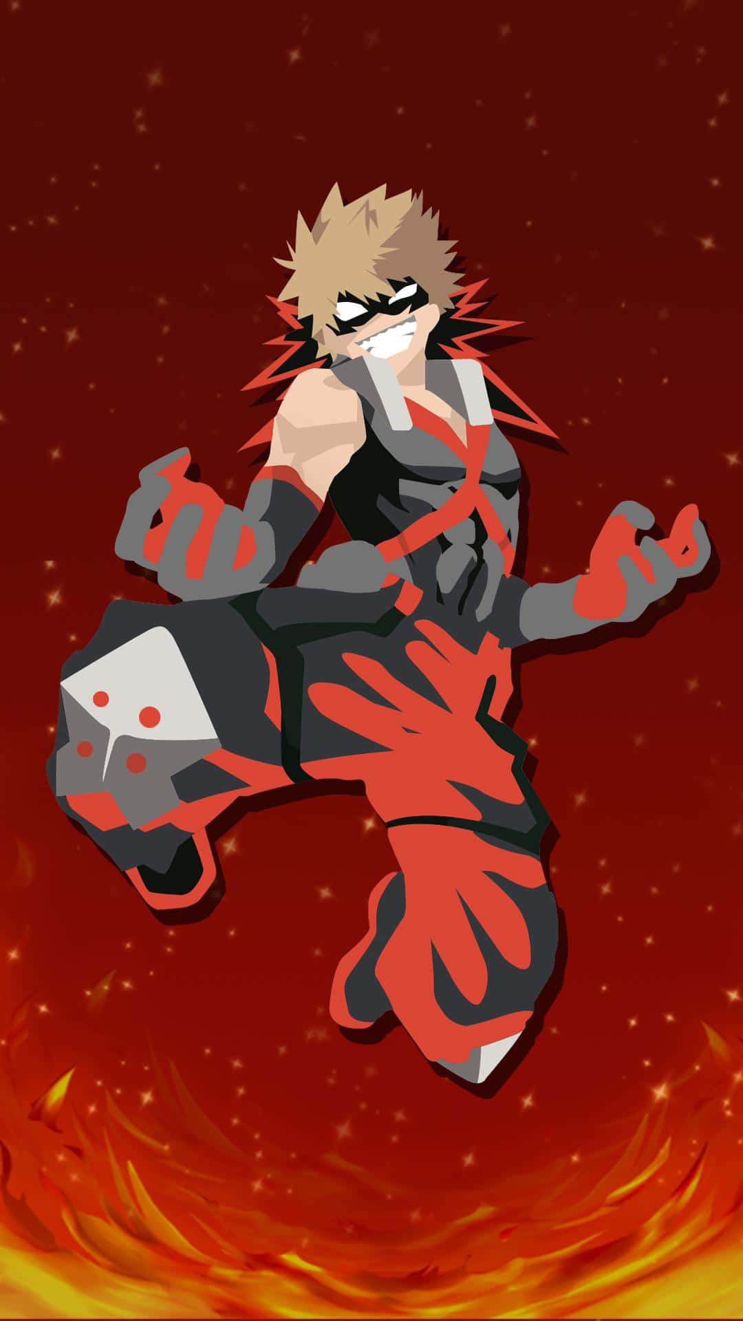 Bakugou Aesthetic 桌布 壁紙 — 動漫角色，金色尖刺頭髮，紅黑服裝，在熾熱紅色背景中動態跳躍，帶有發光粒子。