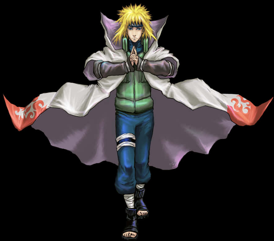 minato namikaze 桌布 壁紙 — 動漫角色，金色尖刺頭髮，紫色斗篷，在黑色背景下擺出戰鬥姿勢。