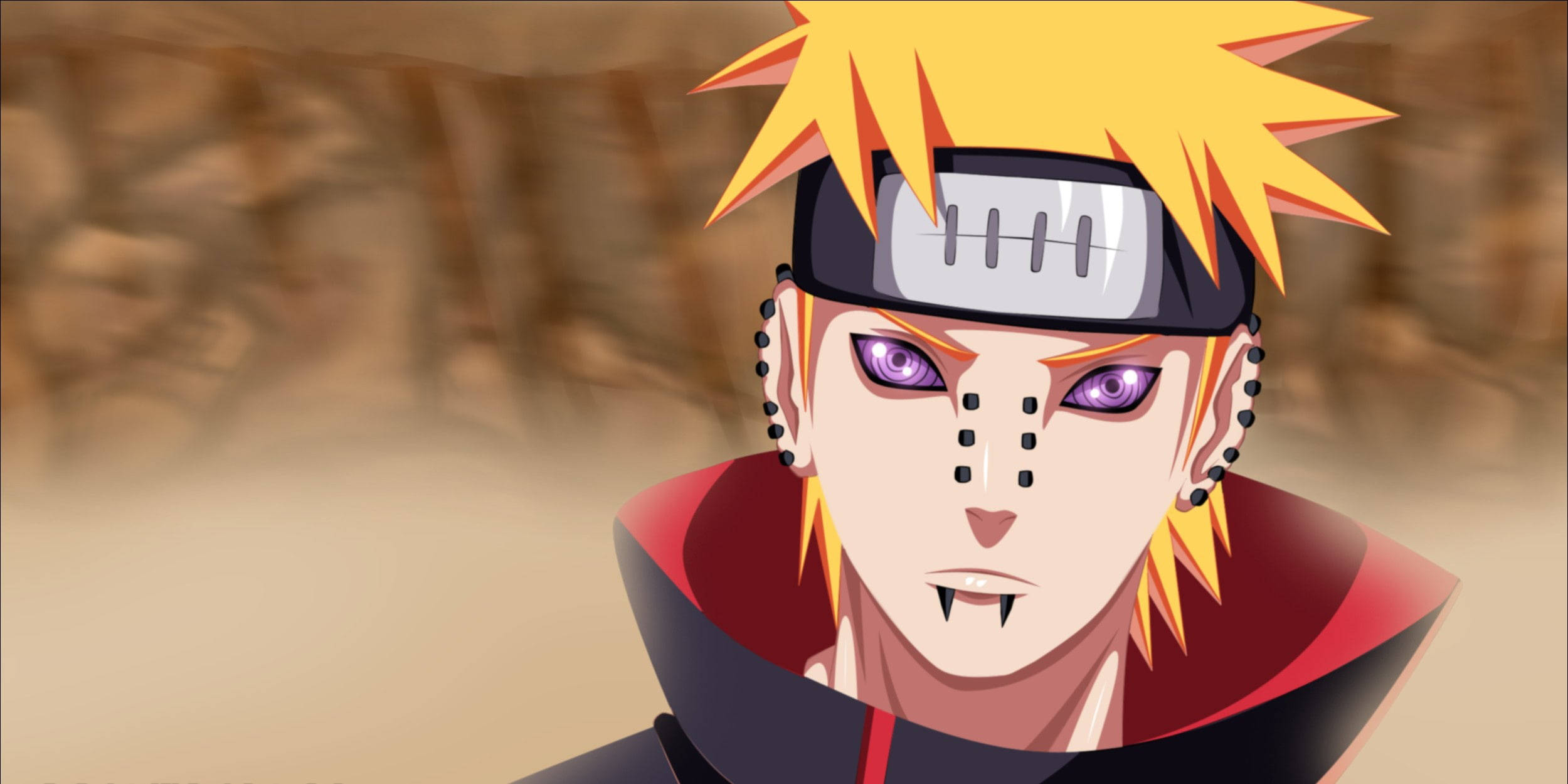 Nagato 桌布 壁紙 — 動漫角色，金色尖刺頭髮，紫色眼睛，黑色斗篷，站在沙漠般的背景中。