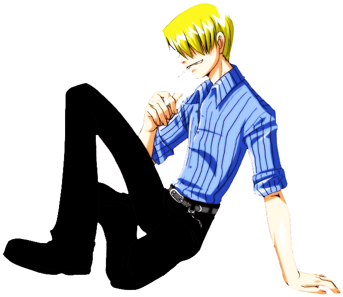 Sanji 桌布 壁紙 — 動漫角色，金色尖刺頭髮，藍色條紋襯衫，隨意坐在黑色背景前。