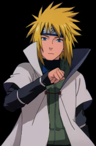 minato namikaze 桌布 壁紙 — 動漫角色，金色尖刺頭髮，藍色眼睛，以戰鬥姿勢站在黑色背景前。