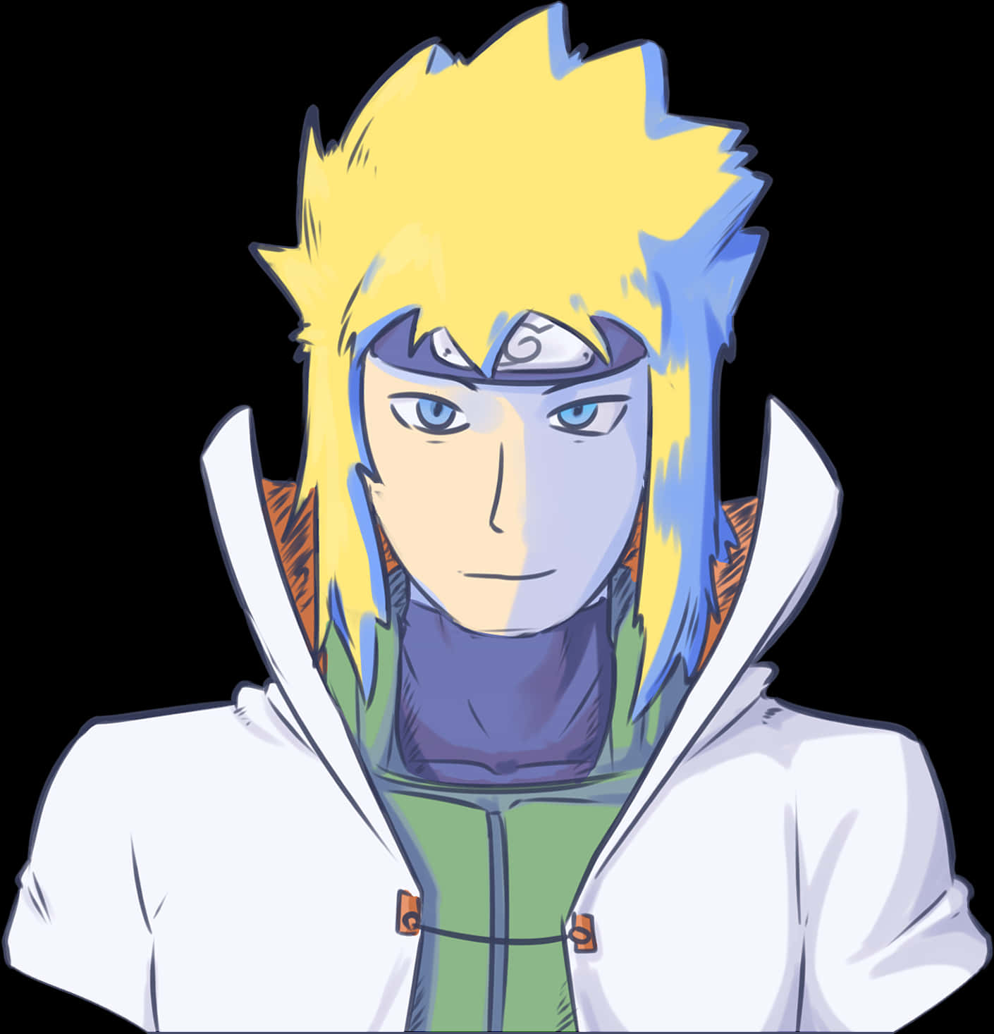 minato namikaze 桌布 壁紙 — 動漫角色，金色尖刺頭髮，藍色眼睛，身穿白色外套，內搭綠色服裝，背景黑色。