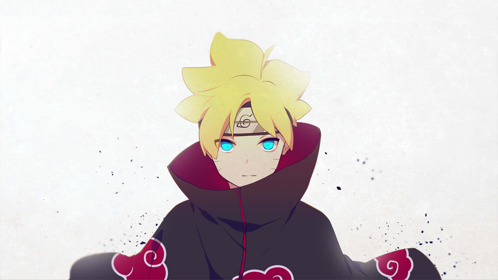 Boruto Naruto Next Generations 桌布 壁紙 — 動漫角色，金色尖刺頭髮，藍色眼睛，穿著帶有紅色雲紋的深色斗篷，背景為有紋理的米白色。