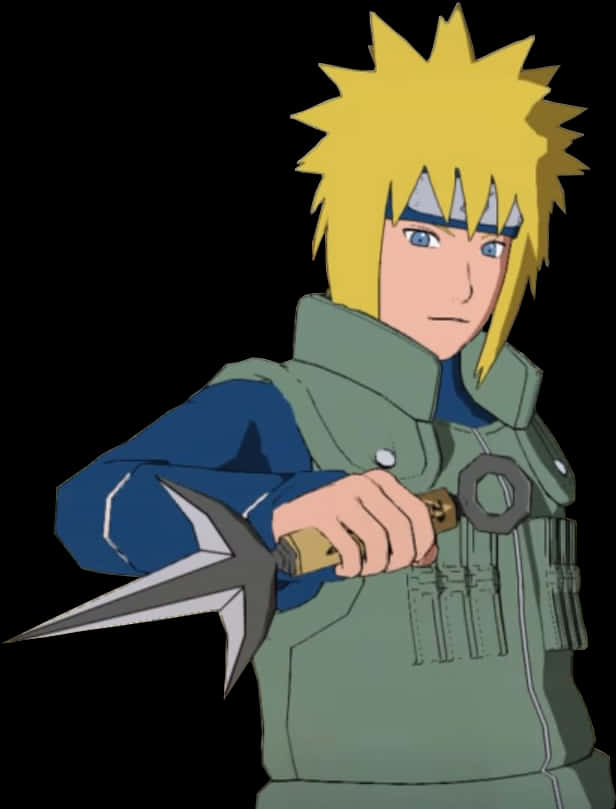 minato namikaze 桌布 壁紙 — 動漫角色，金色尖刺頭髮，藍色眼睛，在黑色背景前手持苦無刀。