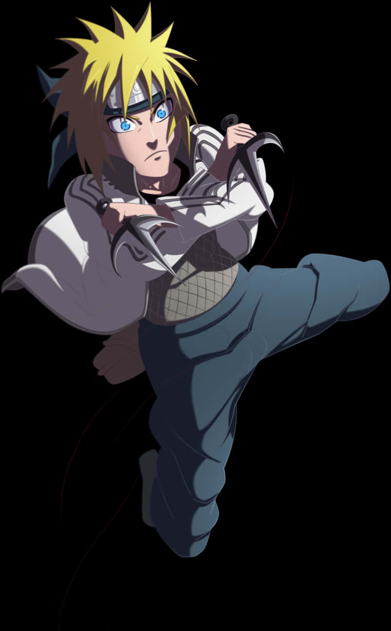 minato namikaze 桌布 壁紙 — 動漫角色，金色尖刺頭髮，藍色眼睛，在黑色背景前擺出動態戰鬥姿勢。