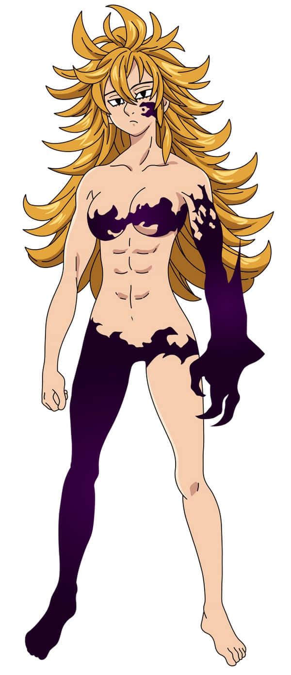 Seven Deadly Sins Derieri 桌布 壁紙 — 動漫角色，金色尖刺頭髮，軀幹和四肢上有深紫色惡魔印記，站在白色背景前。