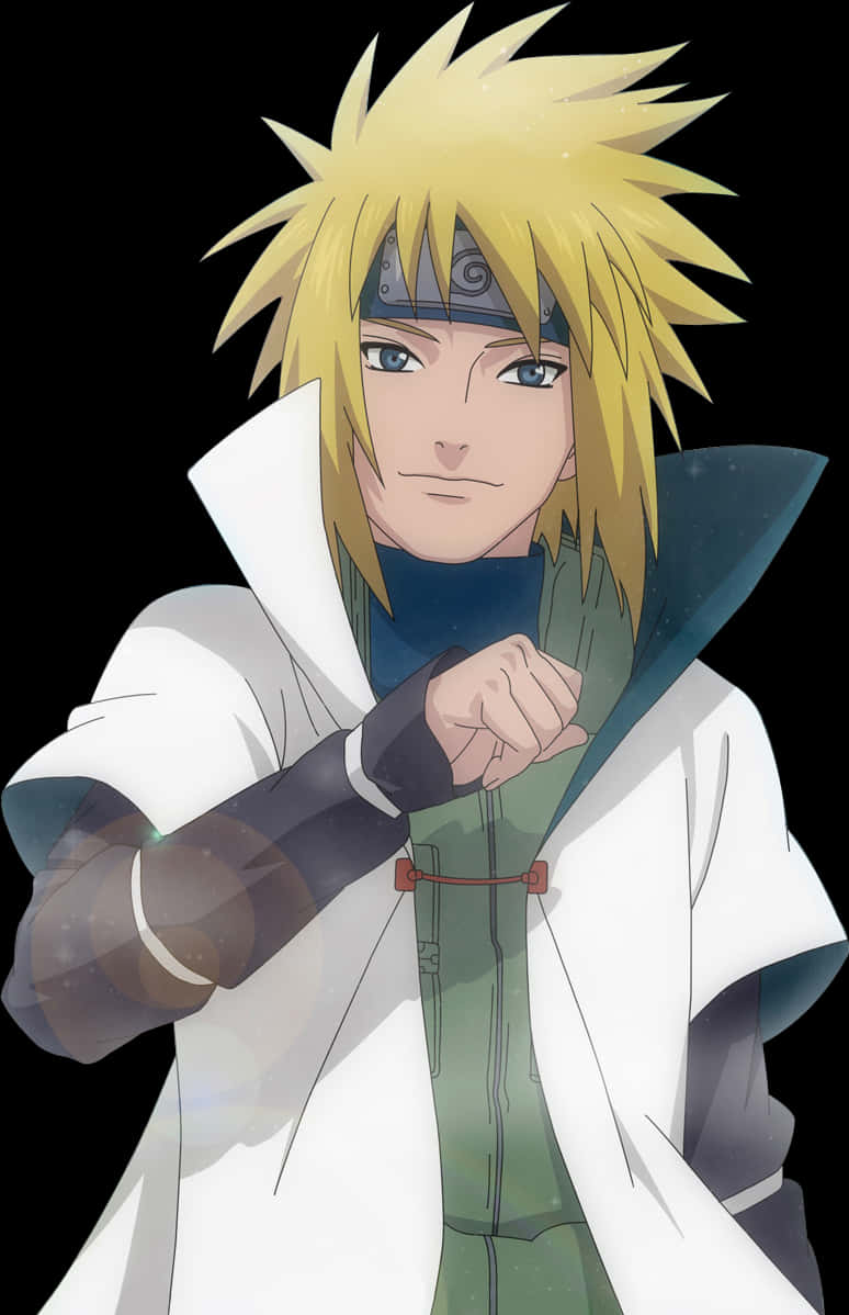 minato namikaze 桌布 壁紙 — 動漫角色，金色尖刺頭髮和頭帶，自信地穿著白色外套站在黑色背景前。