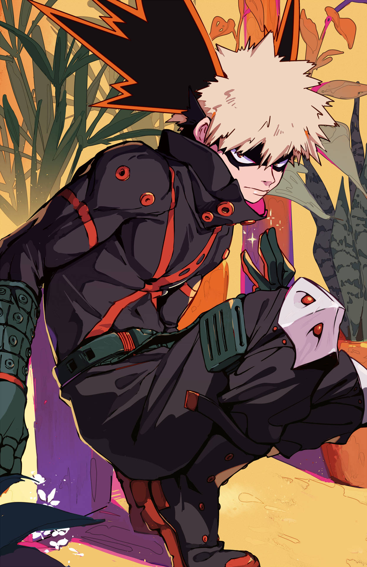 Todobakudeku 桌布 壁紙 — 動漫角色，金色尖刺頭髮和黑色眼睛，在溫暖的金色光線下，在充滿活力的樹葉中以動態姿勢蹲下。