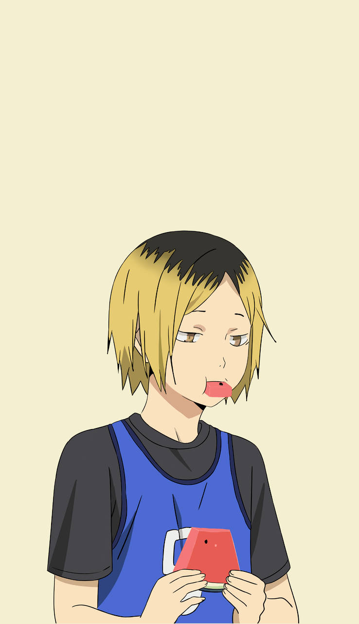 Kenma Kozume 桌布 壁紙 — 動漫角色，金髮藍背心，在淡黃色背景前拿著紅色電話。