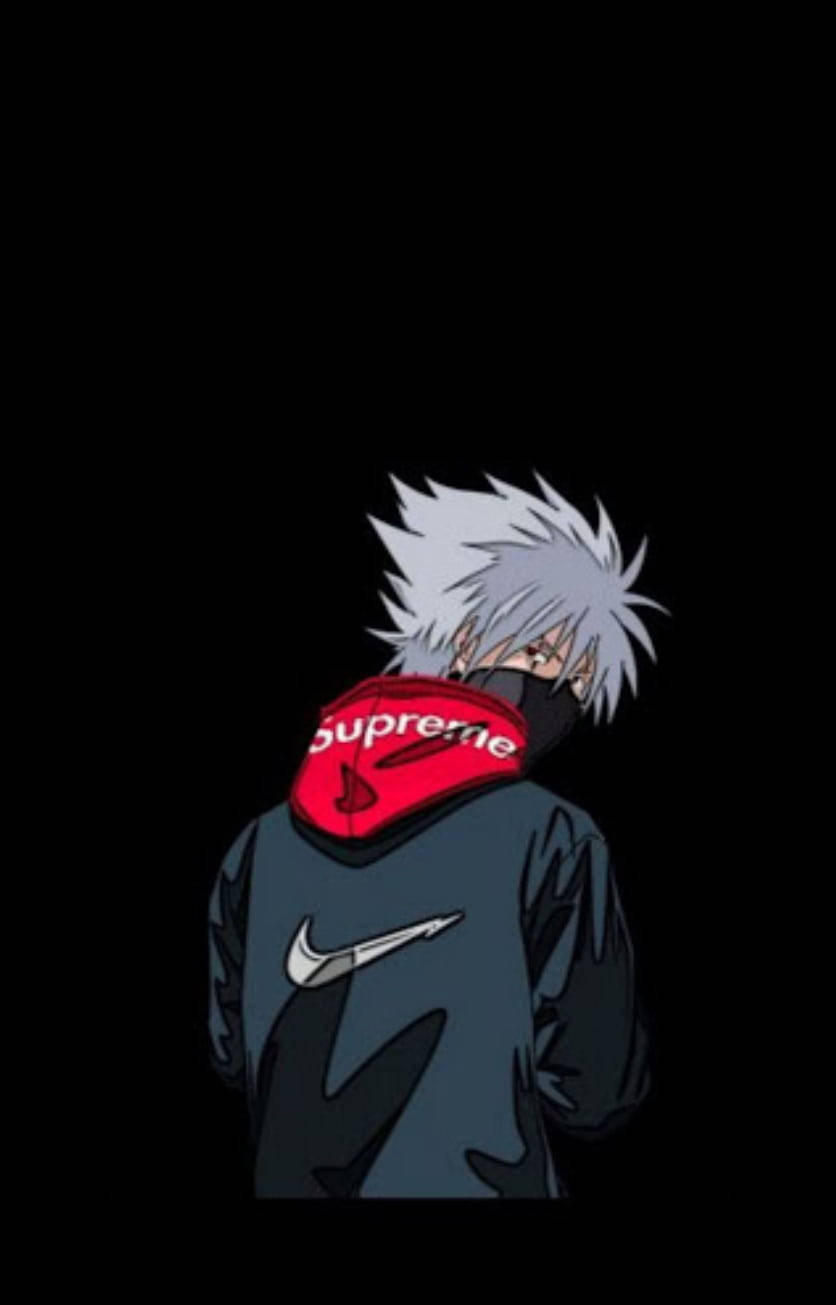 Naruto Supreme 桌布 壁紙 — 動漫角色，銀色刺蝟頭，身穿紅色Supreme連帽衫，站在黑色背景前。