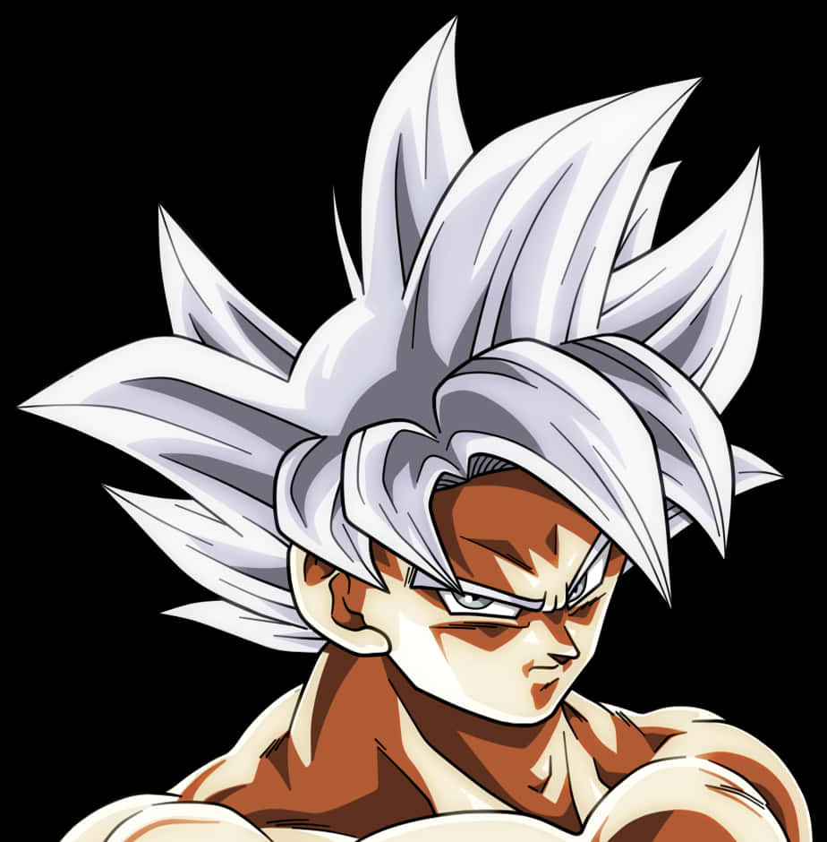 Goku Dragon Ball Super 桌布 壁紙 — 動漫角色，銀色尖刺頭髮，黑色背景，眼神銳利。
