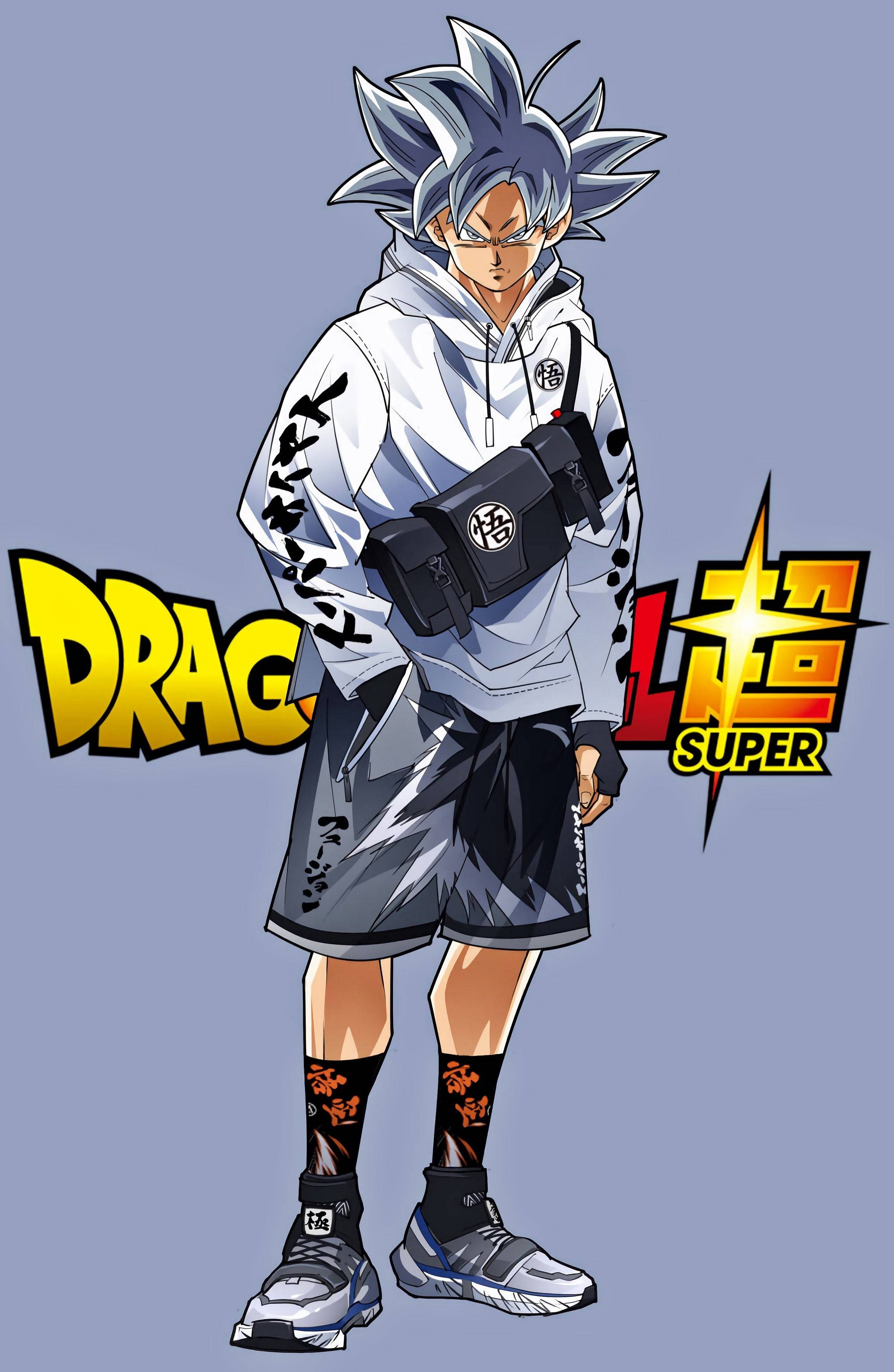Goku Swag 桌布 壁紙 — 動漫角色，銀色尖刺頭髮和戰鬥裝備，自信地站在純紫色背景前，帶有「七龍珠超」標誌。