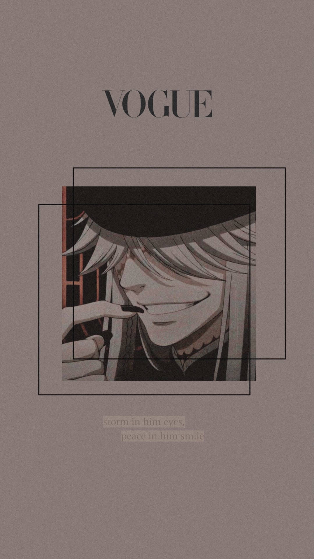 Black Butler 桌布 壁紙 — 動漫角色，銀色頭髮，帶有微妙微笑，被幾何線條框住，背景為柔和灰褐色。