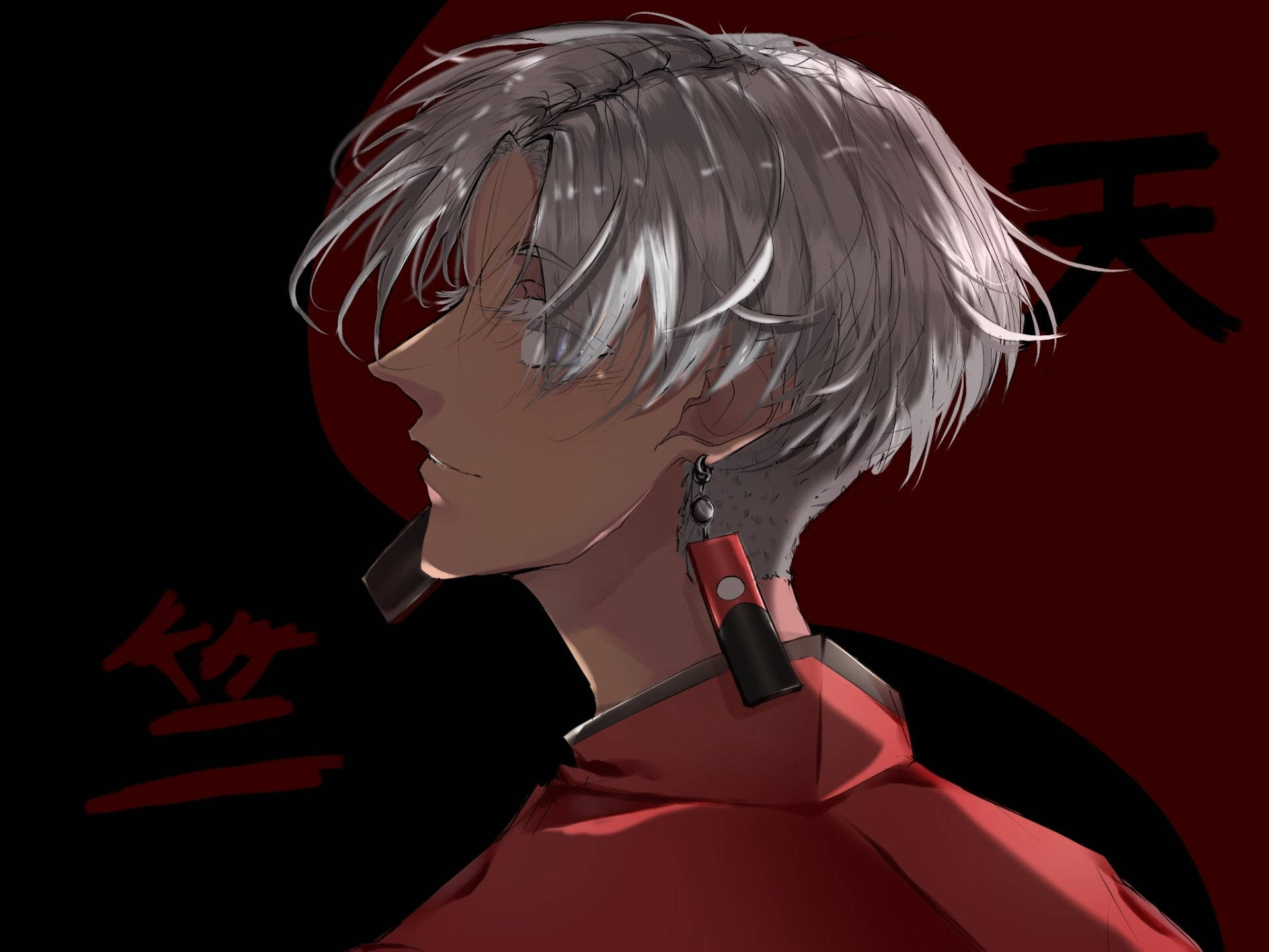 izana kurokawa 桌布 壁紙 — 動漫角色，銀色頭髮，紅色服裝，在深紅色背景上帶有漢字的戲劇性側面輪廓。