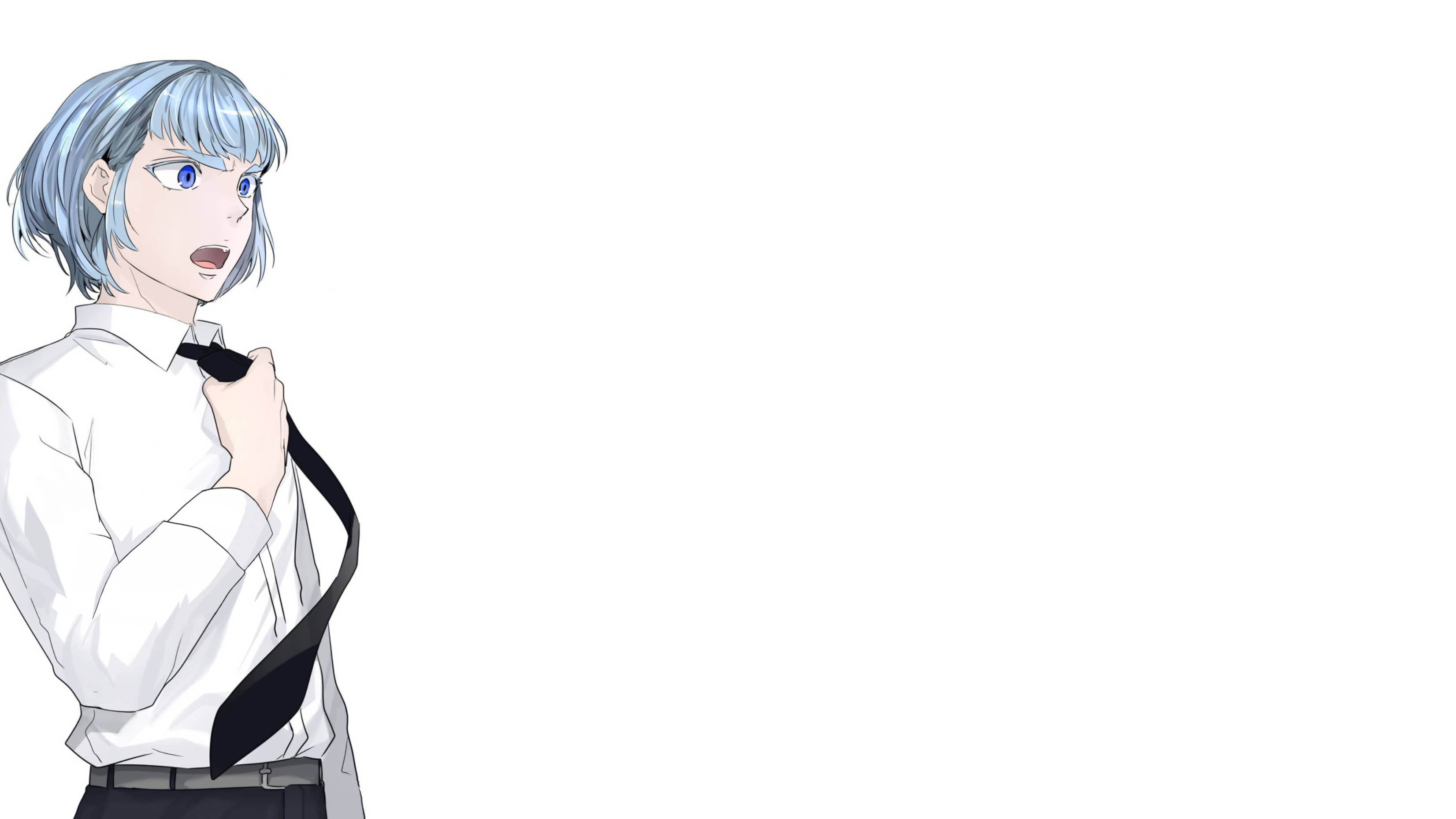 Tower Of God 桌布 壁紙 — 動漫角色，銀色頭髮，藍色眼睛，在純白色背景前調整黑色領帶。