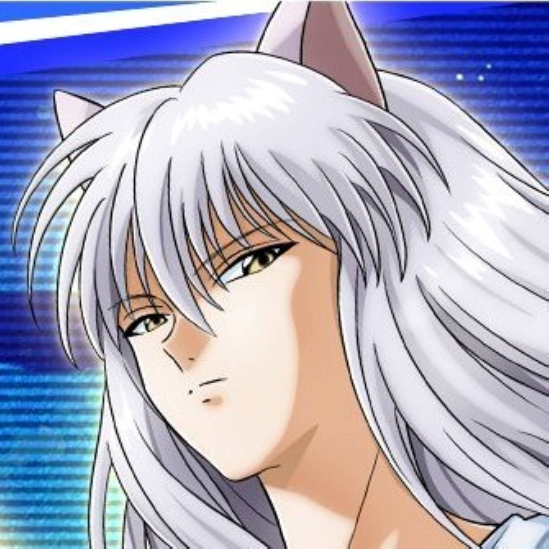 Kurama 桌布 壁紙 — 動漫角色，銀色頭髮和貓耳朵，在充滿活力的藍色數位背景前專注地凝視。