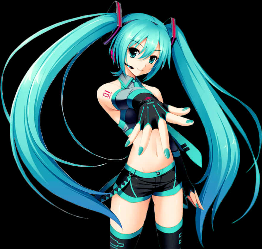 Vocaloid 桌布 壁紙 — 動漫角色，長長的藍綠色辮子，未來風格的服裝，在黑色背景前擺姿勢。