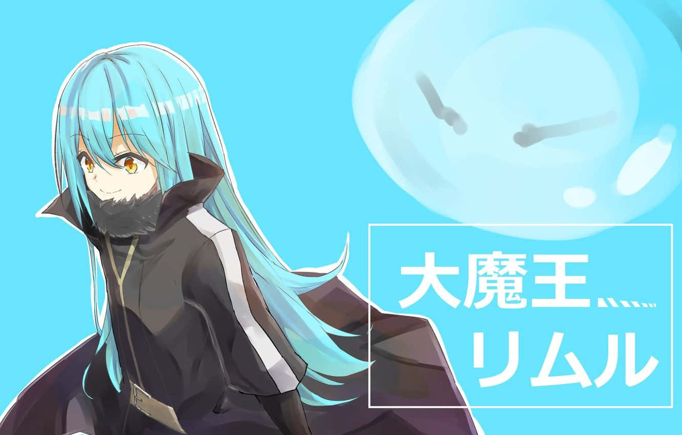 That Time I Got Reincarnated As A Slime 桌布 壁紙 — 動漫角色，長長的青色頭髮和鬍鬚，穿著深色外套，背景是明亮的藍色，有浮動的氣泡和日文文字。