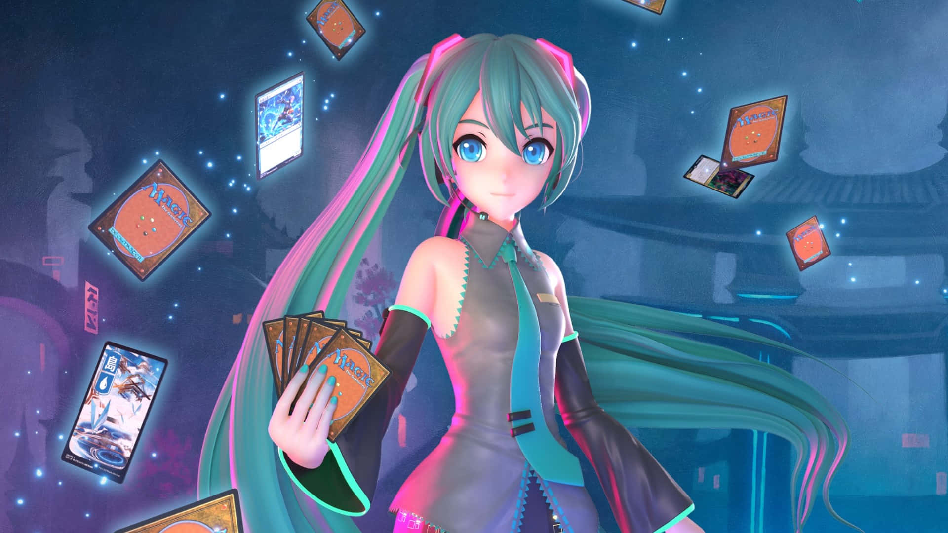 初音未來 桌布 壁紙 — 動漫角色，青色雙馬尾，在星空背景下手持發光卡牌，周圍漂浮著遊戲卡牌。