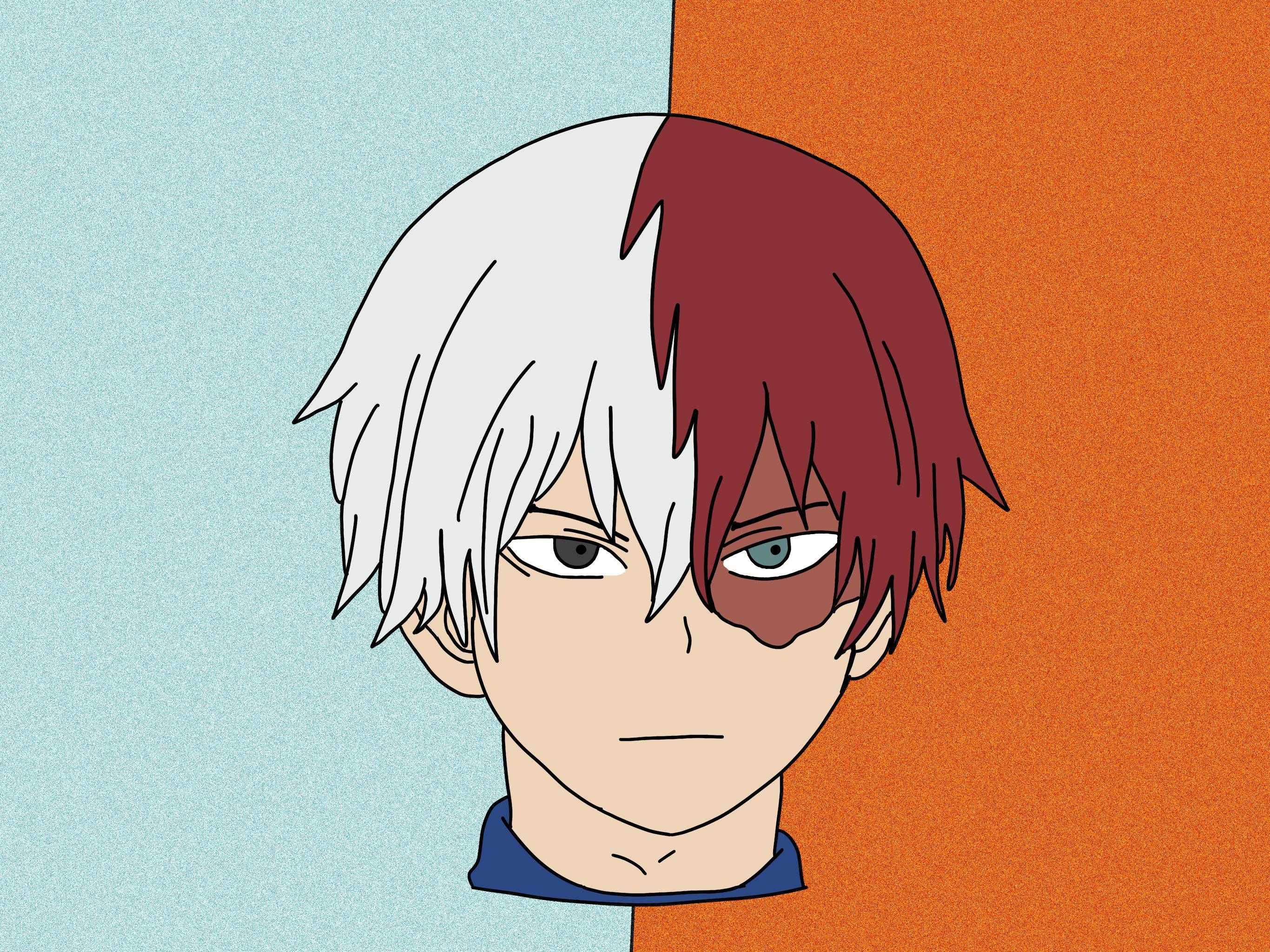 Todoroki Aesthetic 桌布 壁紙 — 動漫角色，頭髮一半白色一半紅色，背景分為藍色和橙色。