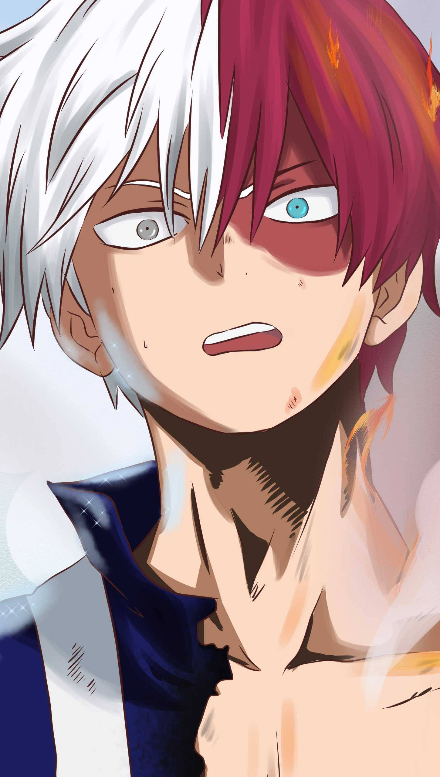 Todoroki Aesthetic 桌布 壁紙 — 動漫角色，頭髮半白半紅，眼睛顏色不一，頸部周圍有火焰，表情強烈。