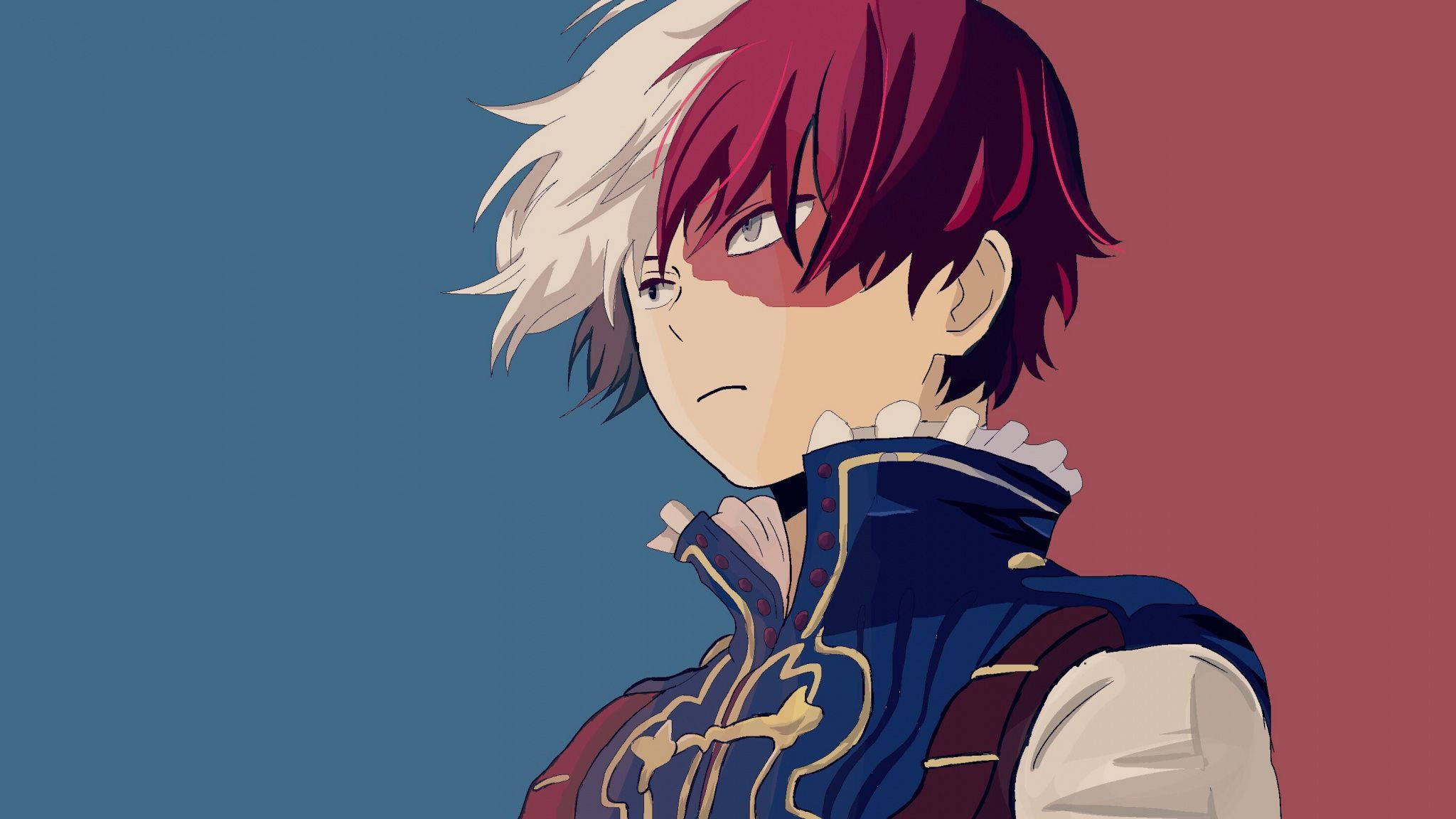 Todoroki Aesthetic 桌布 壁紙 — 動漫角色，頭髮半白半紅，表情嚴肅，背景為藍色和紅色。
